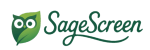 Logo for SageScreen featuring a stylized green owl face with leaf elements to the left of the word SageScreen written in a flowing, dark green script.