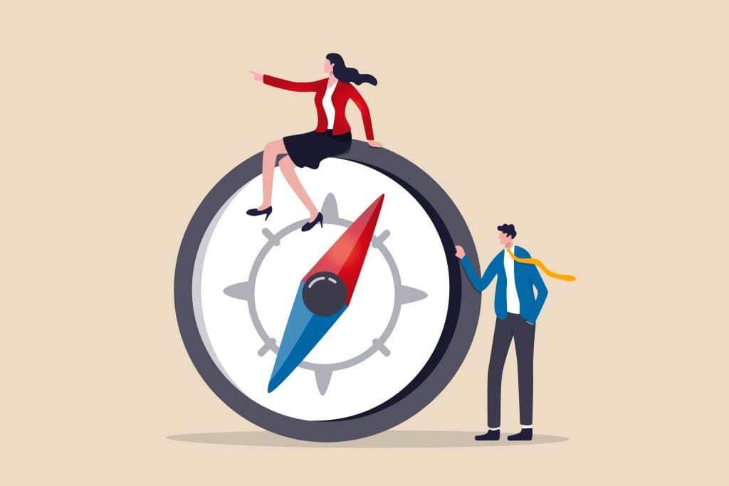Illustration of a woman sitting on a large compass, pointing forward, while a man stands beside it holding the edge. Both are dressed in business attire, symbolizing direction and guidance.