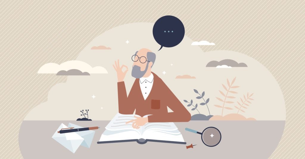 An elderly man with glasses sits at a table reading a large open book, making an OK hand gesture. He looks thoughtful, with a speech bubble above his head, surrounded by papers, a magnifying glass, and plants.