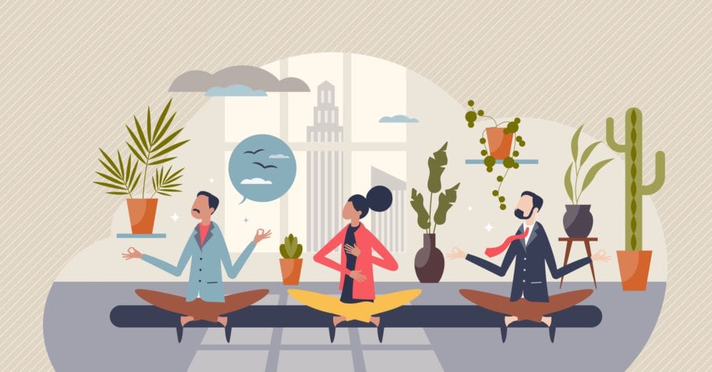 Illustration of three people sitting cross-legged and meditating indoors, surrounded by potted plants, with large windows and a cityscape in the background.