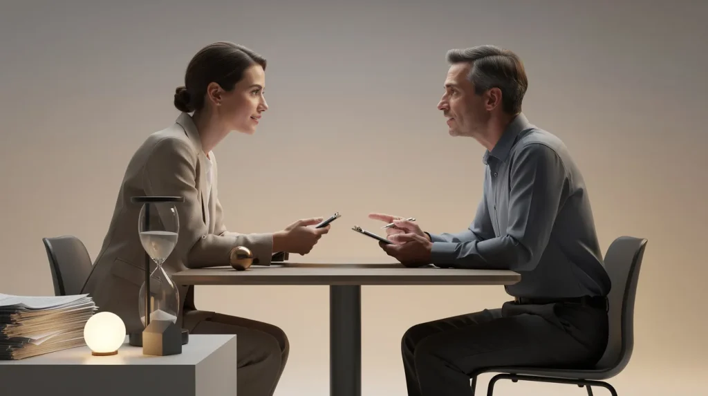 Two people sit calmly across a table, sharing thoughtful notes; an hourglass and SageScreen AI Interviewer add quiet focus.