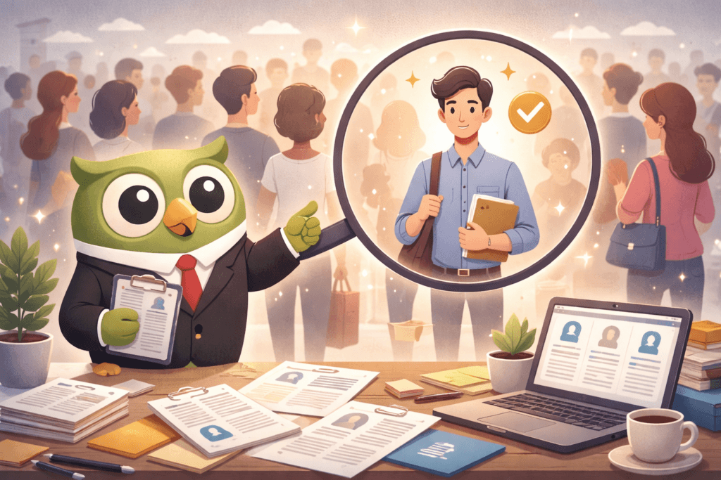 An owl in a suit serenely gestures toward a selected candidate, representing confident recruitment, with resumes and laptops nearby.