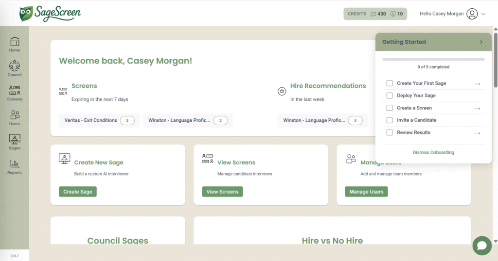 A dashboard for SageScreen shows a welcome message, smart screening task options like Create New Sage, a progress bar for onboarding steps on the right, navigation on the left, and a user profile in the top right corner to support sage decisions.
