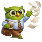 A green cartoon owl in business attire calmly carries a coffee and bag, appearing focused and composed amid scattered papers.