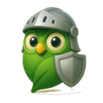 A serene green cartoon owl, confidently donning a gray knight helmet and shield, stands calmly against a simple white background.