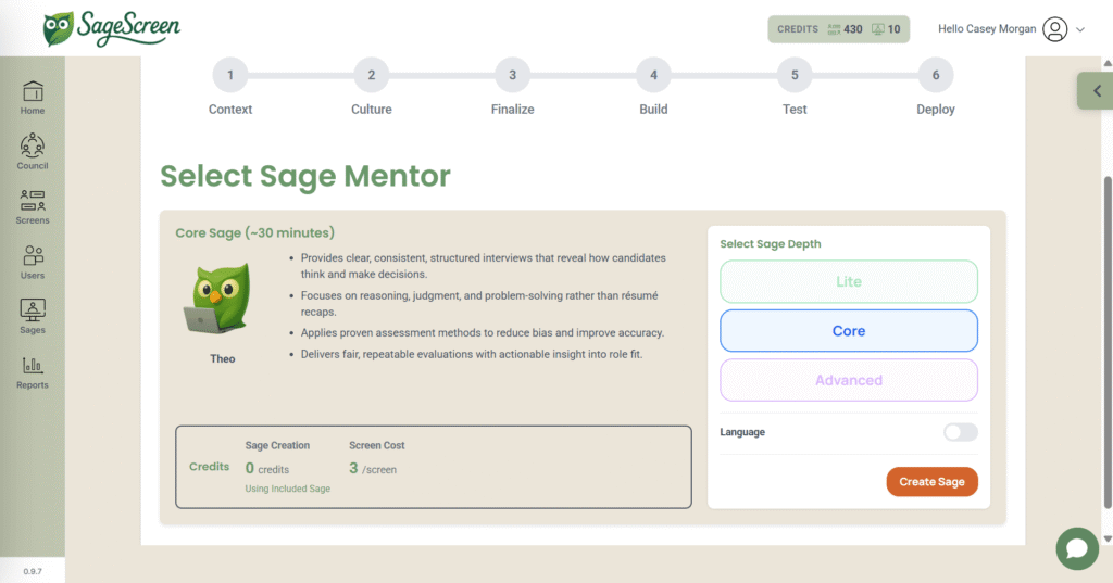 The SageScreen website interface helps with Sage Decisions by highlighting the Core option and its features. A green cartoon owl named Theo appears, and the Create Sage button is on the right for Smart Screening.