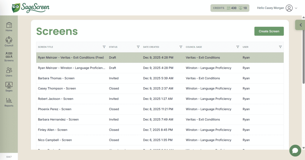 A Smart Screening dashboard interface for “SageScreen” displays screen titles, status, creation date, council name, screen type, and creator. Casey Morgan is logged in, with a green “Create Screen” button visible.