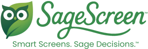 A serene green owl and leaf logo with elegant 'SageScreen' in cursive, and calm green text below: Smart Screens. Sage Decisions.