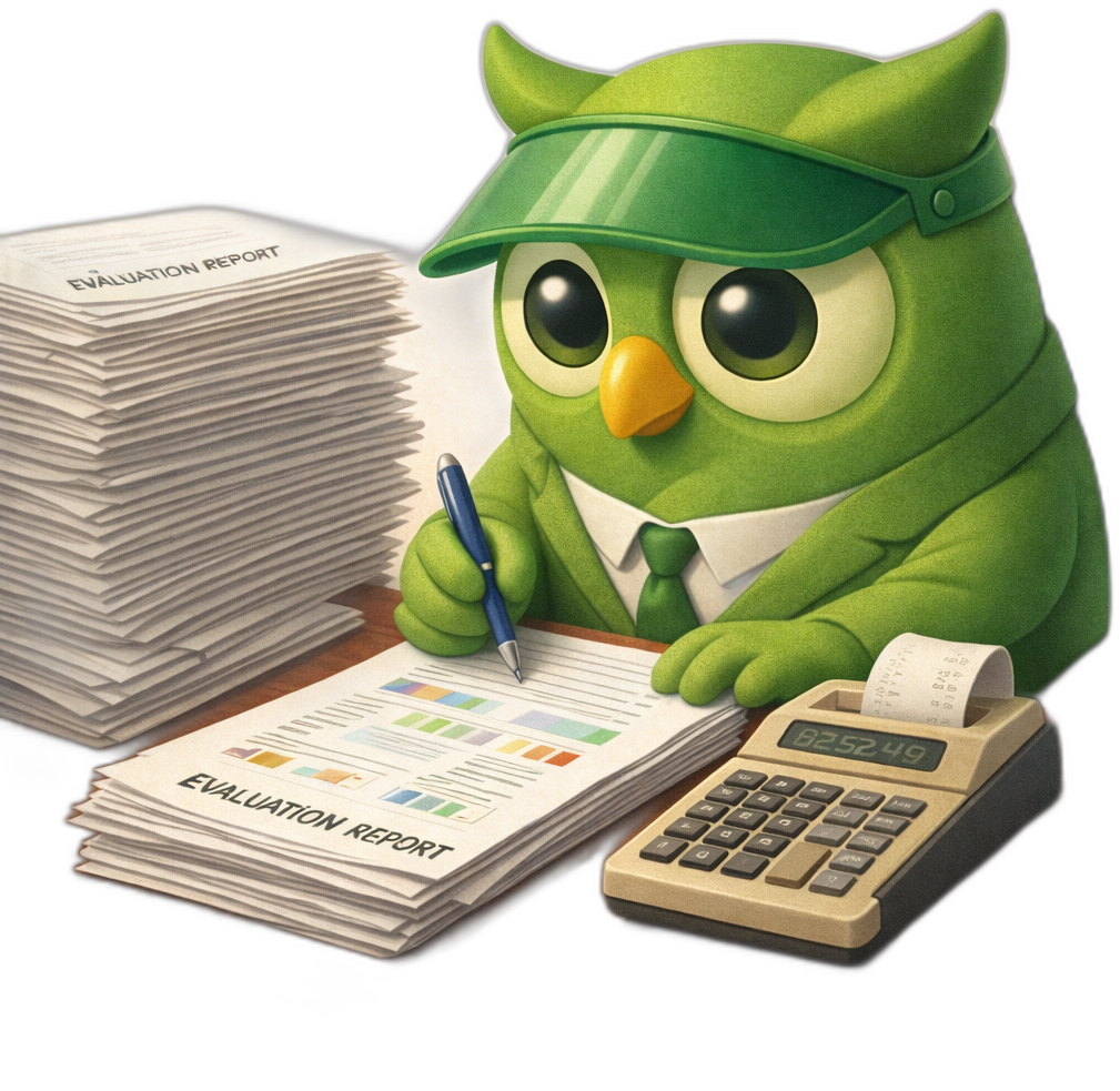 A accountant visor evaluation report owl facing right — SageScreen AI candidate screening mascot