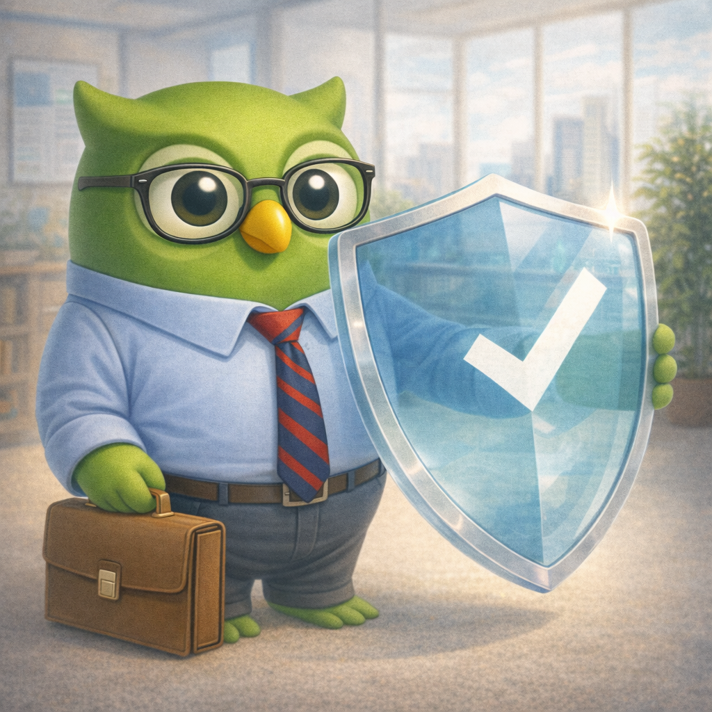 Owl in formal attire standing confidently beside a transparent compliance shield