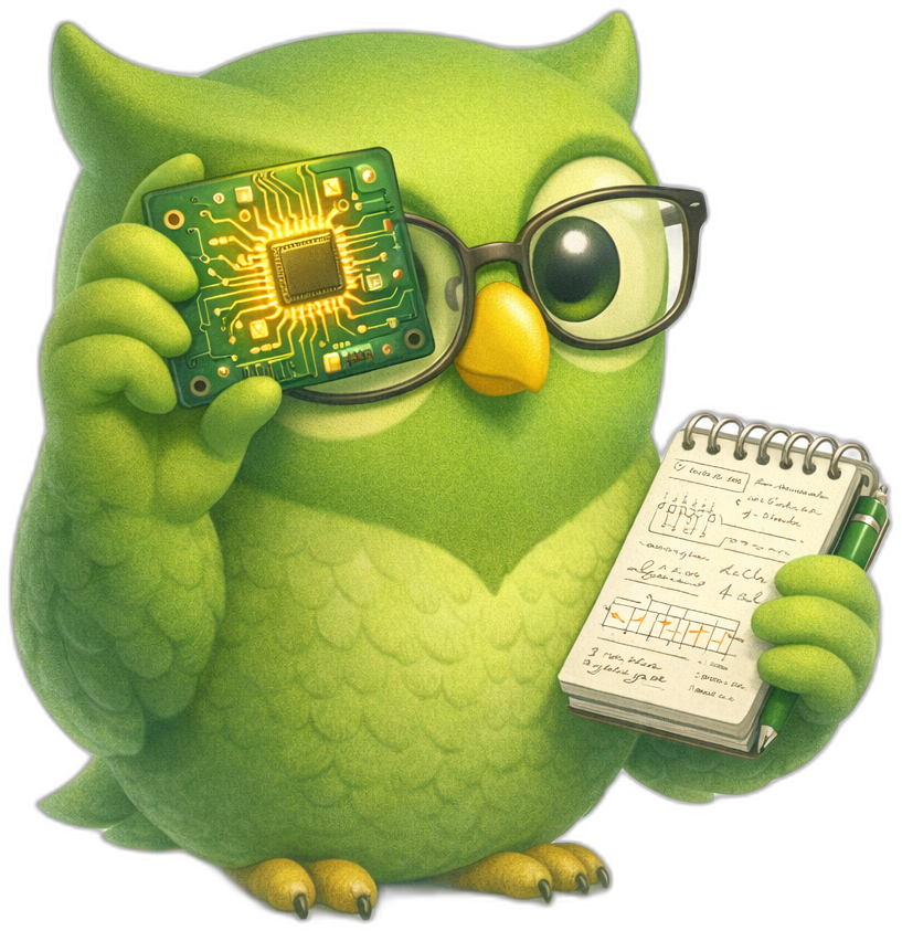 A circuit board notepad owl facing right — SageScreen AI candidate screening mascot