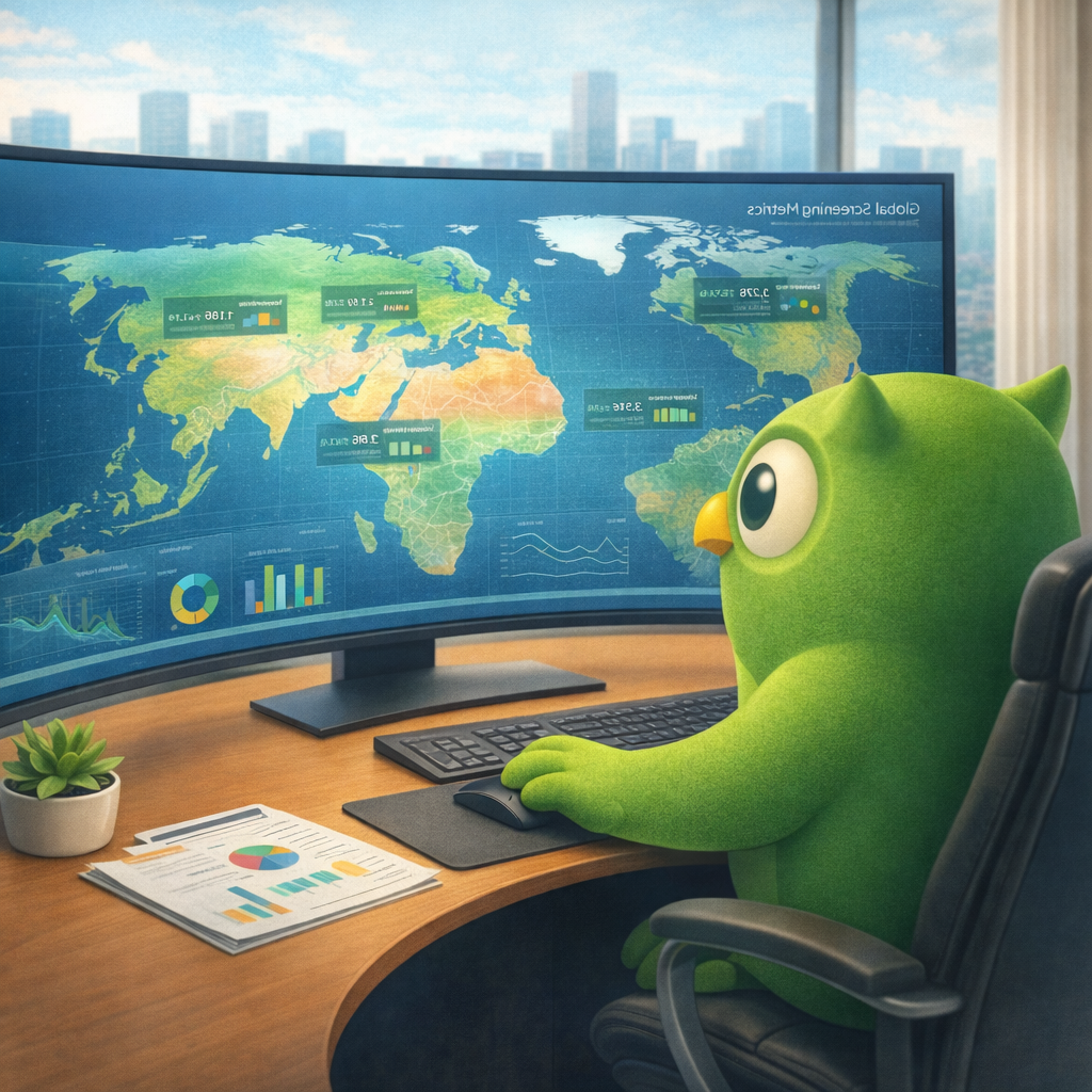 A data dashboard analyst owl facing left set against a scenic background — SageScreen AI candidate screening mascot