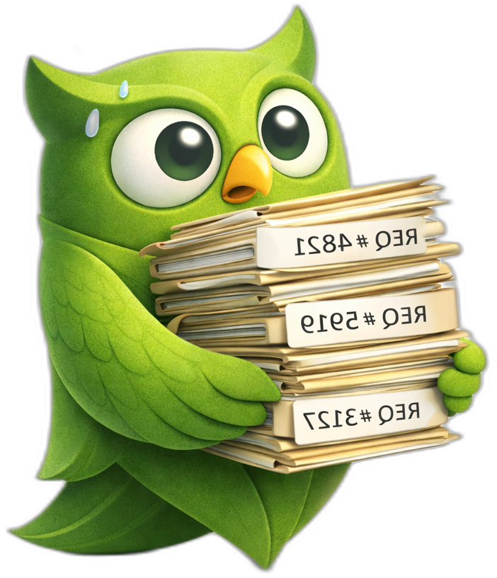 Owl bracing a towering stack of requisition folders while trying to read one