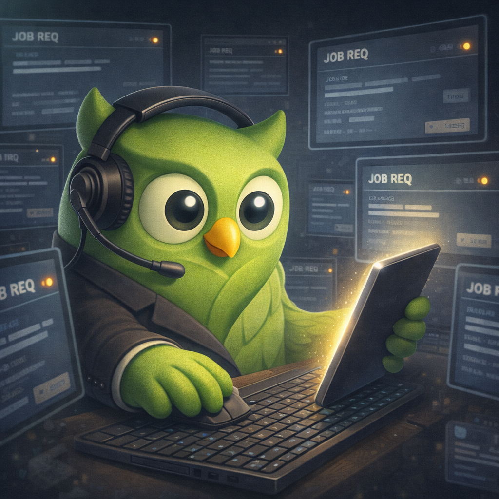 A headset laptop jobreq owl facing right set against a scenic background — SageScreen AI candidate screening mascot