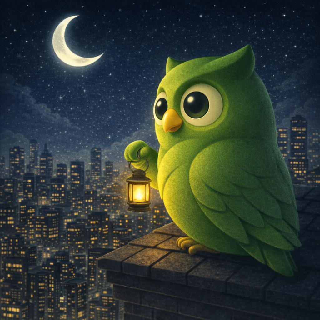 A lantern city night owl facing right set against a scenic background — SageScreen AI candidate screening mascot