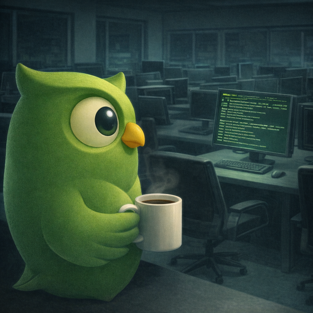 A late night coffee office owl facing right set against a scenic background — SageScreen AI candidate screening mascot