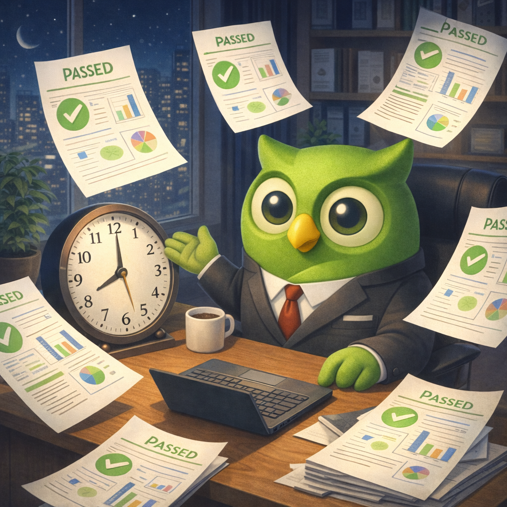 A late night screening desk owl facing left set against a scenic background — SageScreen AI candidate screening mascot