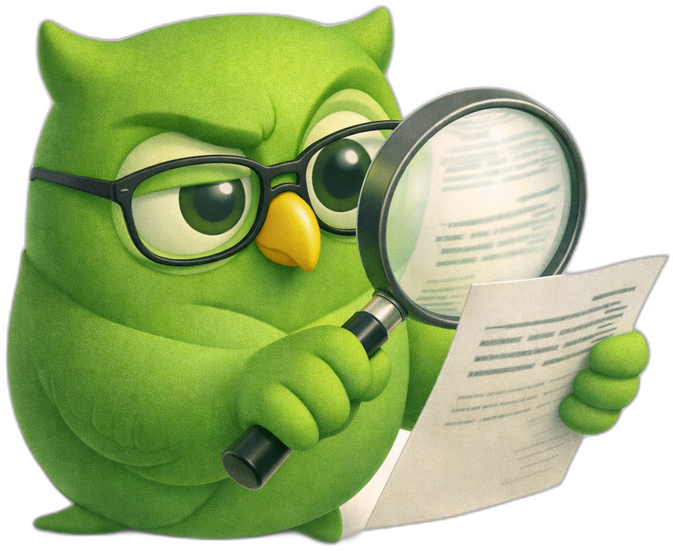 A magnifying glass resume owl facing left — SageScreen AI candidate screening mascot