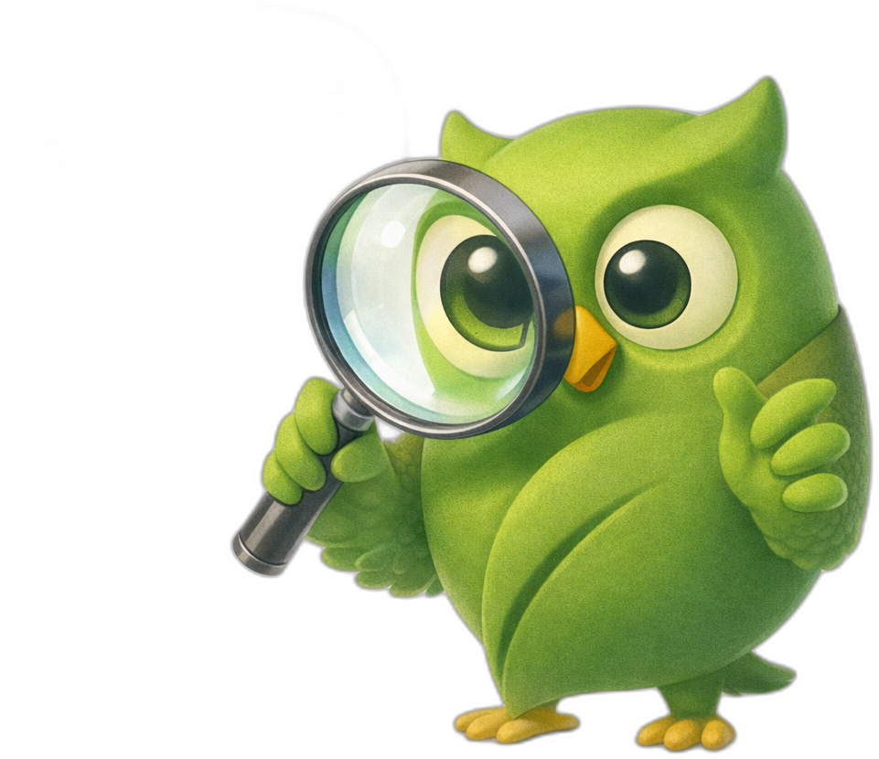 A magnifying glass speech bubble owl facing right — SageScreen AI candidate screening mascot