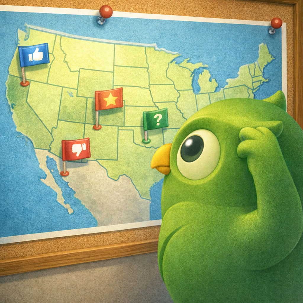 A map analyzing strategic owl facing left set against a scenic background — SageScreen AI candidate screening mascot