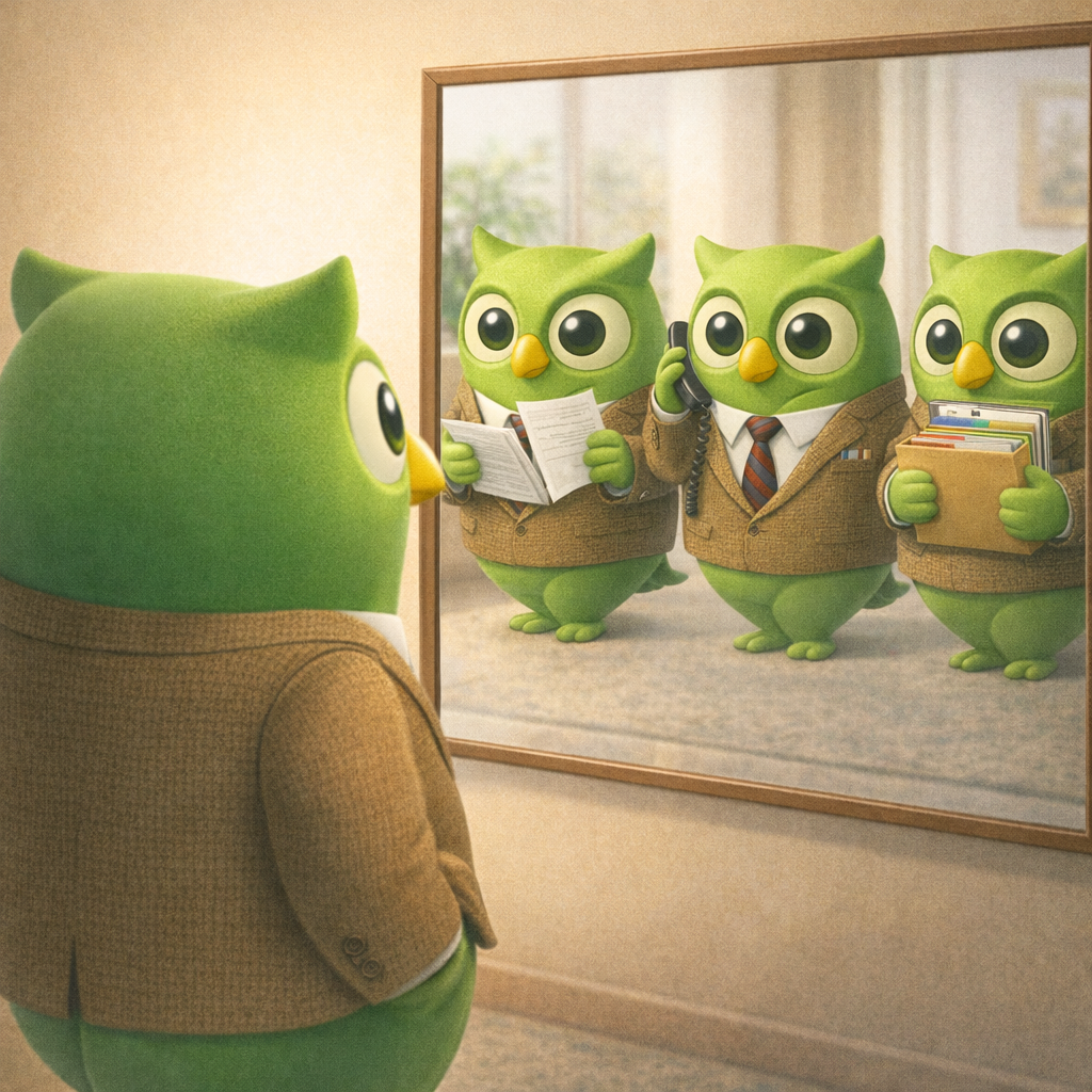 Multiple mirror reflection multitasking owl facing right set against a scenic background — SageScreen AI candidate screening mascot