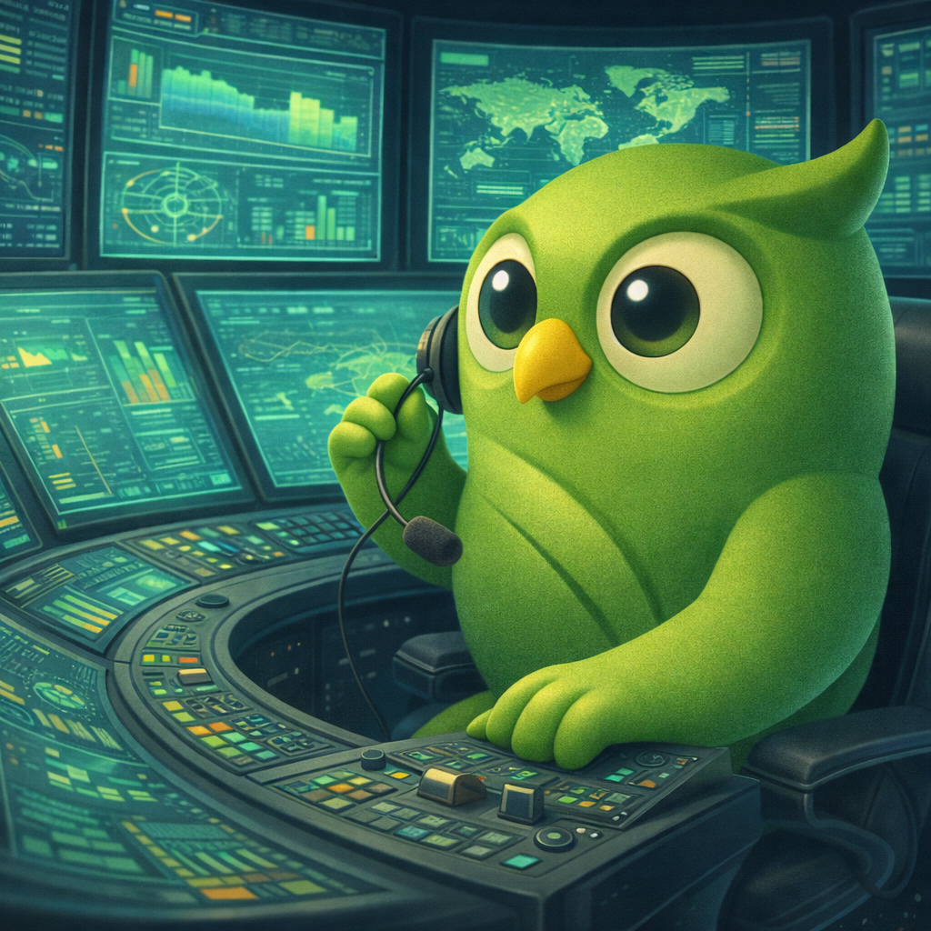 A mission control headset owl facing left set against a scenic background — SageScreen AI candidate screening mascot