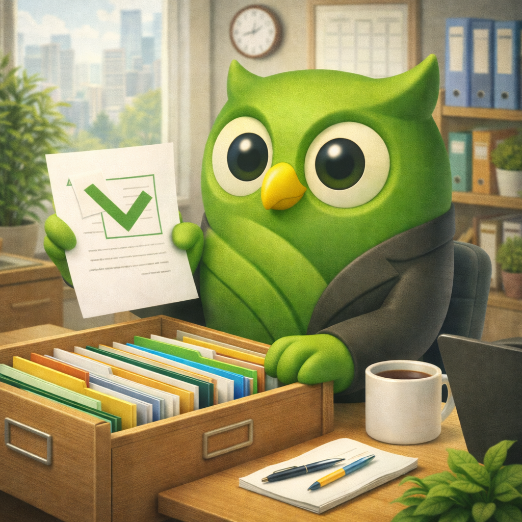 A office filing checklist owl facing left set against a scenic background — SageScreen AI candidate screening mascot