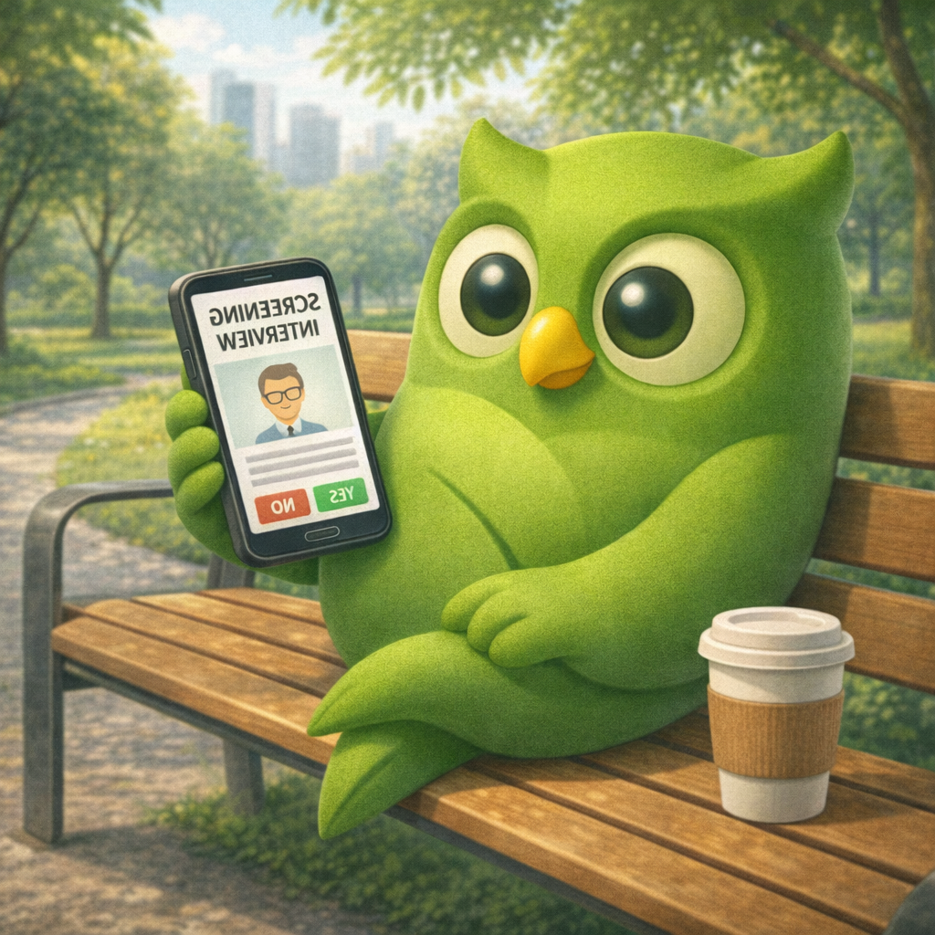 A park bench screening owl facing left set against a scenic background — SageScreen AI candidate screening mascot