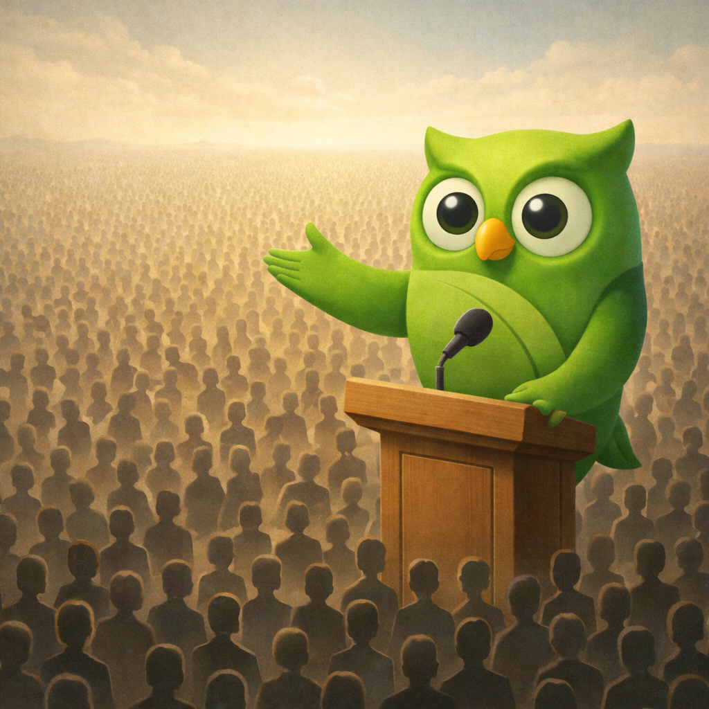 A podium speech crowd owl facing left set against a scenic background — SageScreen AI candidate screening mascot