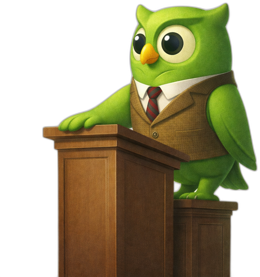 A podium suit owl facing right — SageScreen AI candidate screening mascot