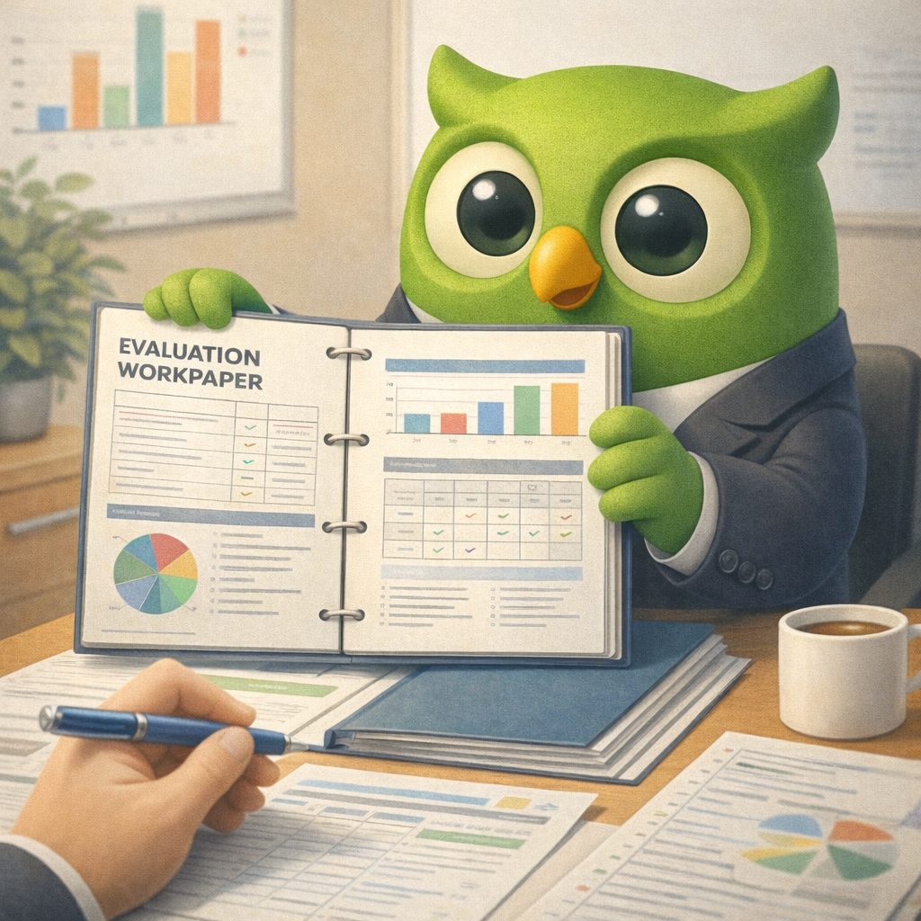A professional evaluation workpaper owl facing left set against a scenic background — SageScreen AI candidate screening mascot