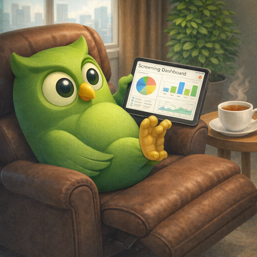 A recliner tablet dashboard owl facing right set against a scenic background — SageScreen AI candidate screening mascot