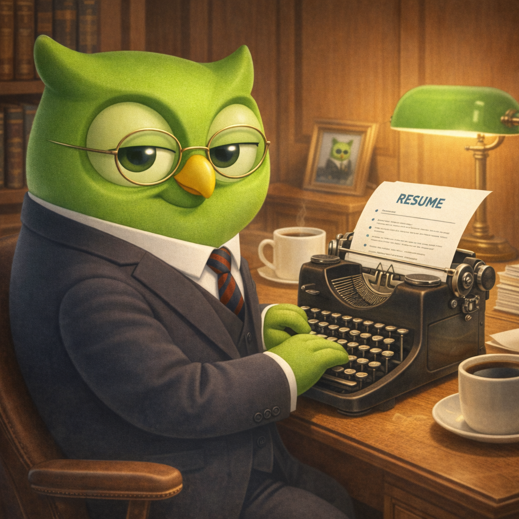 A resume typewriter office owl facing right set against a scenic background — SageScreen AI candidate screening mascot