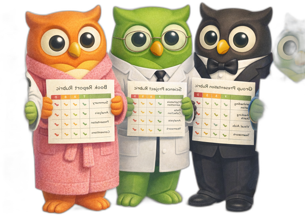 Multiple rubric holding owl lineup owl facing left — SageScreen AI candidate screening mascot