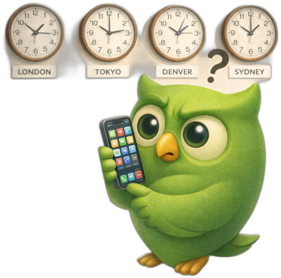 A scheduling confused timezone owl facing right — SageScreen AI candidate screening mascot