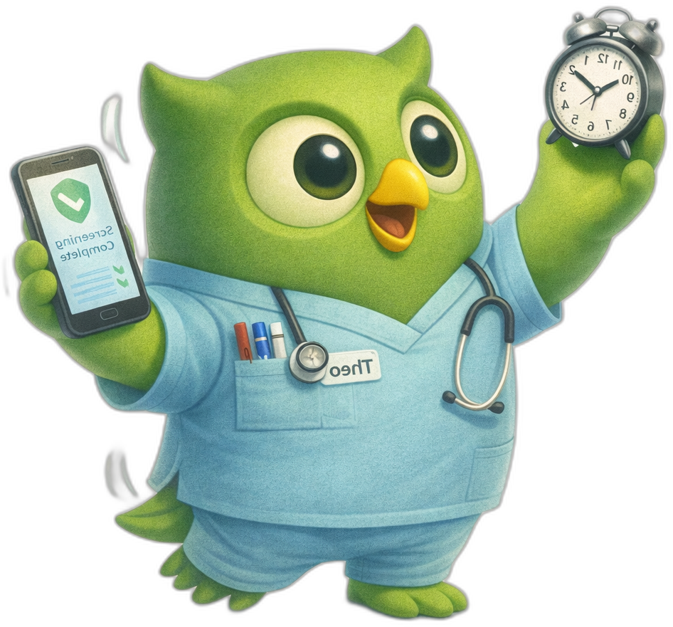 A scrubs clock phone owl facing left — SageScreen AI candidate screening mascot