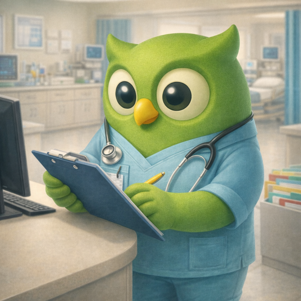 A scrubs stethoscope clipboard owl facing left set against a scenic background — SageScreen AI candidate screening mascot