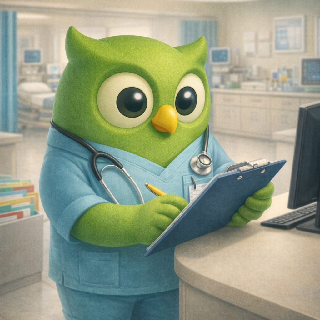 A scrubs stethoscope clipboard owl facing right set against a scenic background — SageScreen AI candidate screening mascot