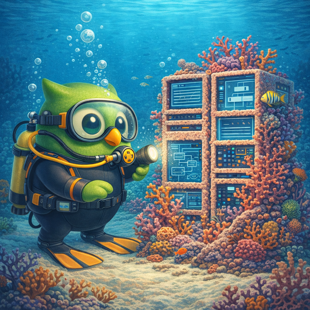 A scuba diver flashlight owl facing right set against a scenic background — SageScreen AI candidate screening mascot