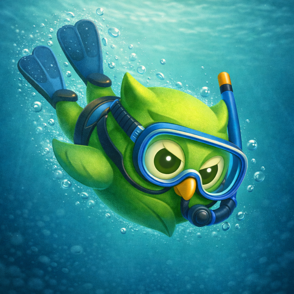 A snorkeling diving owl facing left set against a scenic background — SageScreen AI candidate screening mascot