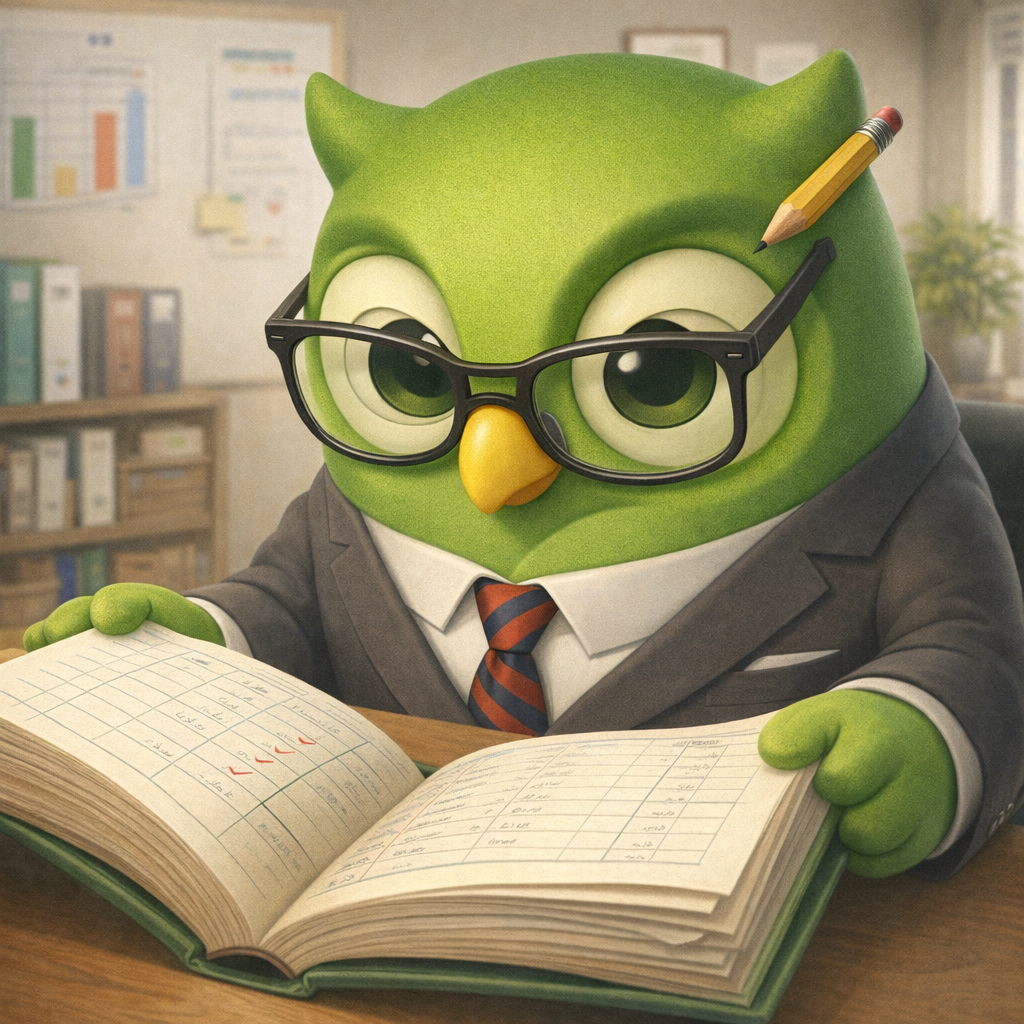 A suit tie glasses ledger owl facing right set against a scenic background — SageScreen AI candidate screening mascot