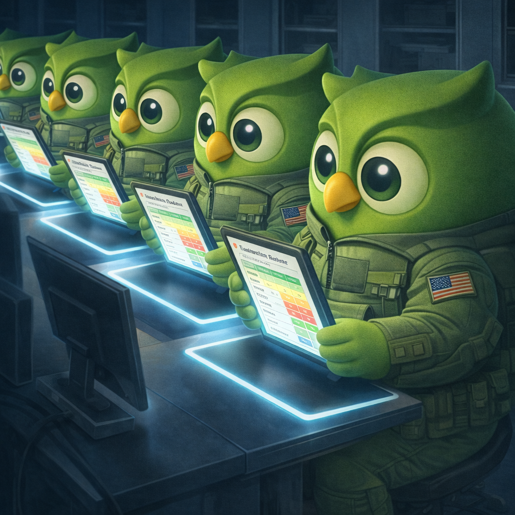 Multiple tactical ops tablet owl facing right set against a scenic background — SageScreen AI candidate screening mascot