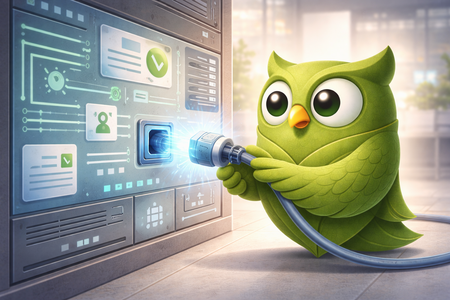 Relaxed owl plugging in a simple cable to get started with SageScreen