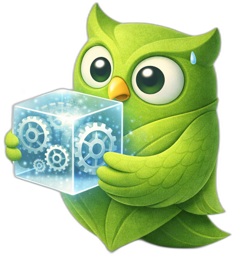 Owl with magnifying glass revealing the inner workings of a black box AI