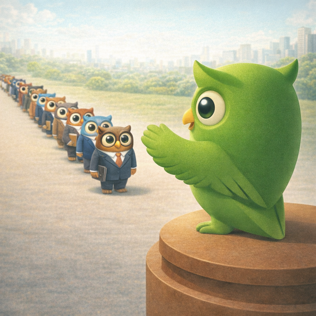 Multiple theo reviewing candidate lineup on podium owl facing left set against a scenic background — SageScreen AI candidate screening mascot