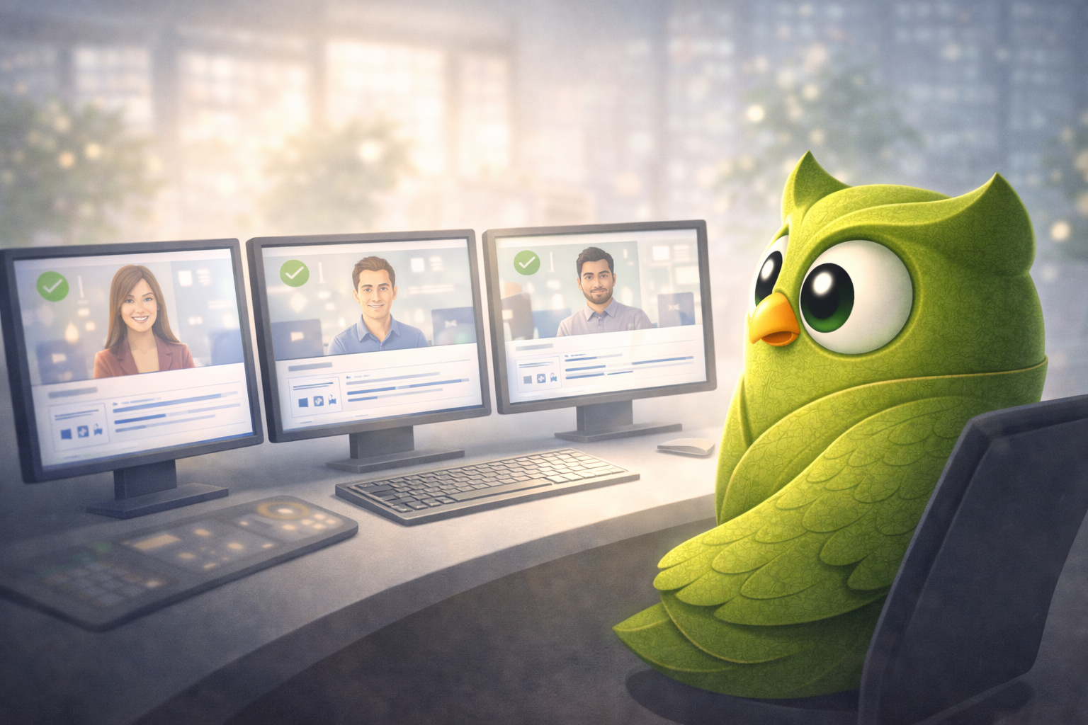 Relaxed recruiter owl reviewing AI screening results with confidence
