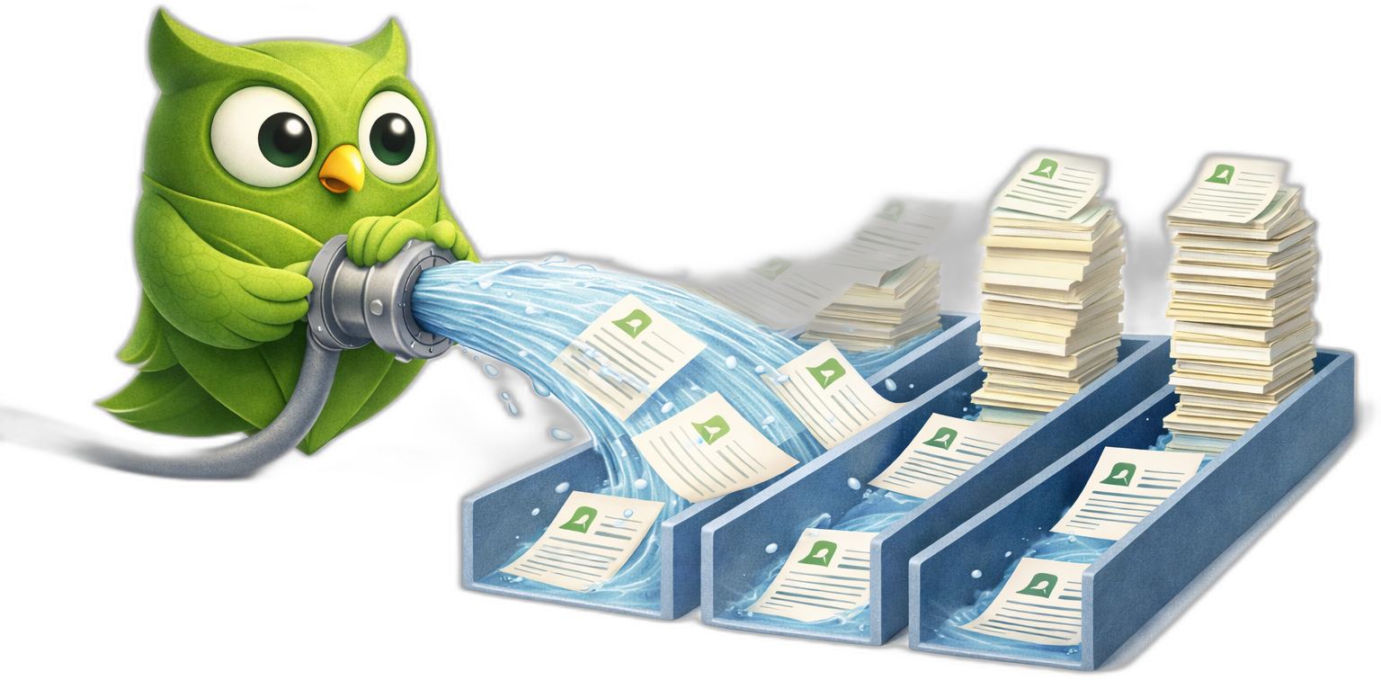 Owl with a butterfly net trying to catch a torrent of AI-generated applications