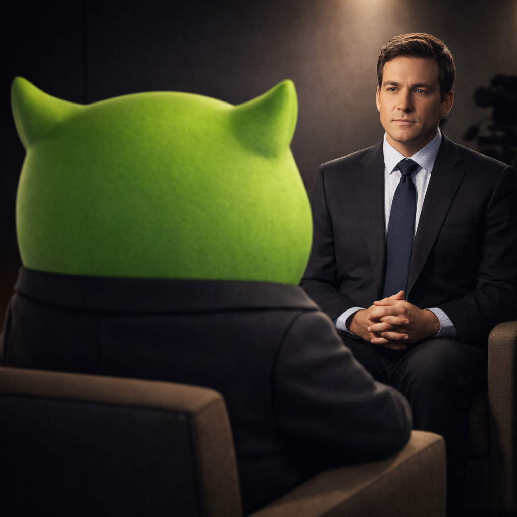 Theo the owl mascot leaning forward with notepad in broadcast interview setting, SageScreen AI screening