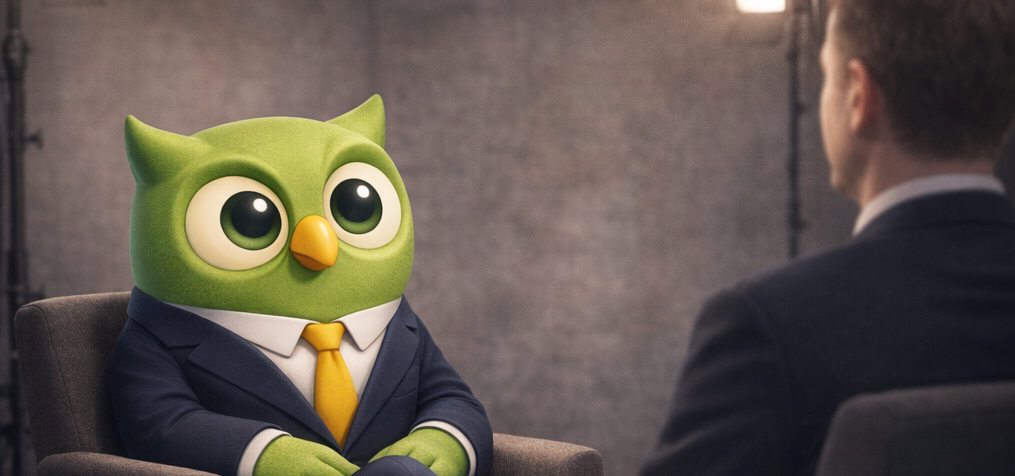 A poised individual in a suit interviews a green owl mascot, both calm and composed on a softly lit studio set with grey backdrop. - SageScreen A poised individual in a suit interviews a green owl mascot, both calm and composed on a softly lit studio set with grey backdrop.