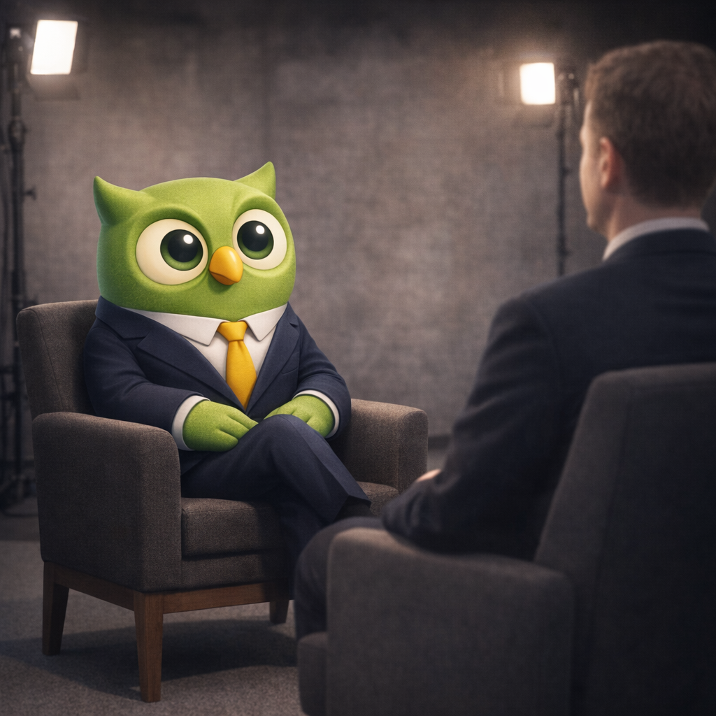 A poised individual in a suit interviews a green owl mascot, both calm and composed on a softly lit studio set with grey backdrop.